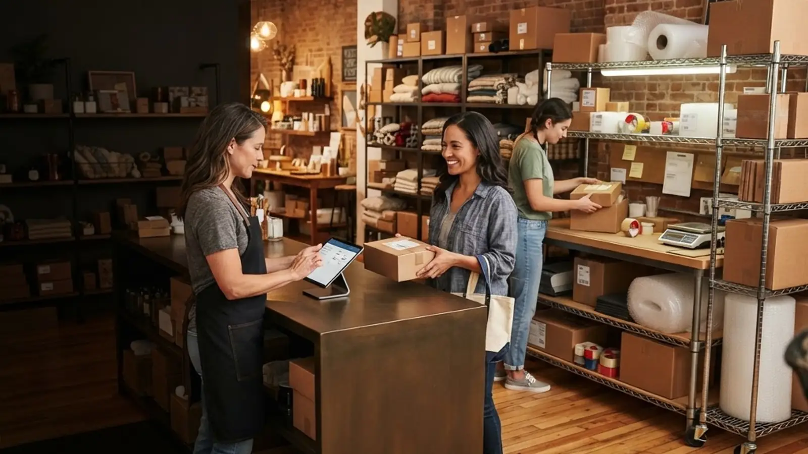Local customer pickup counter connected to ecommerce packing and shipping