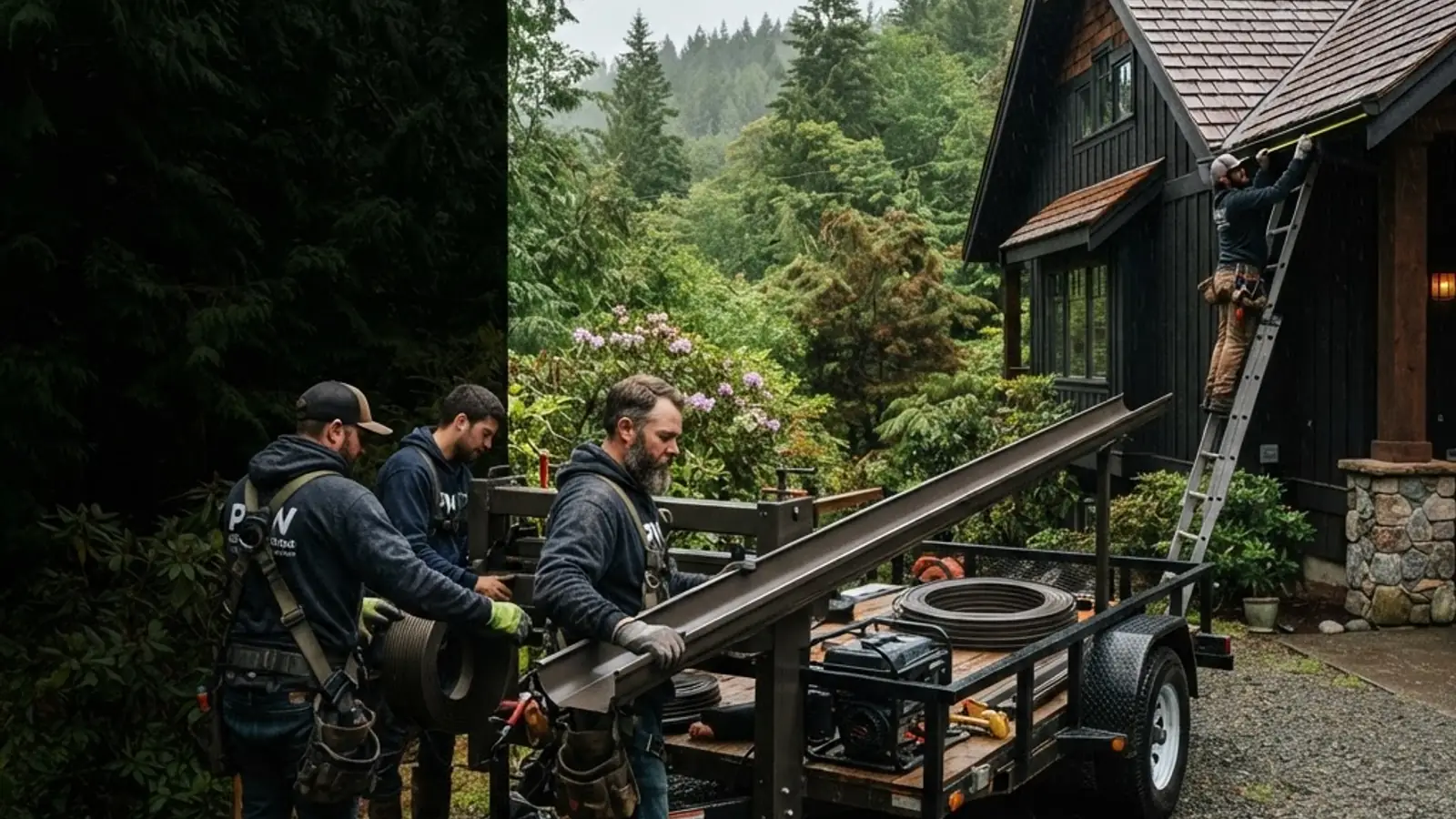 Seamless gutter installers forming a continuous custom gutter on site at a Pacific Northwest home