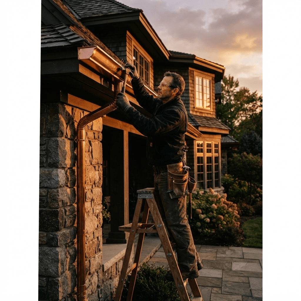 Skilled local service professional installing copper gutters on an upscale home at golden hour
