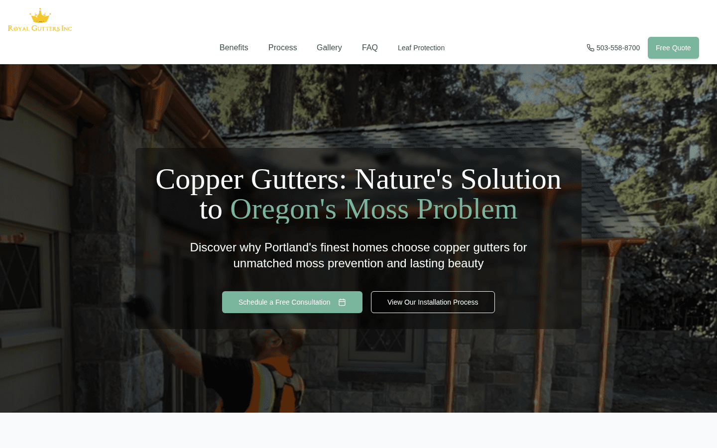 Screenshot of the live Royal Copper Gutters website homepage