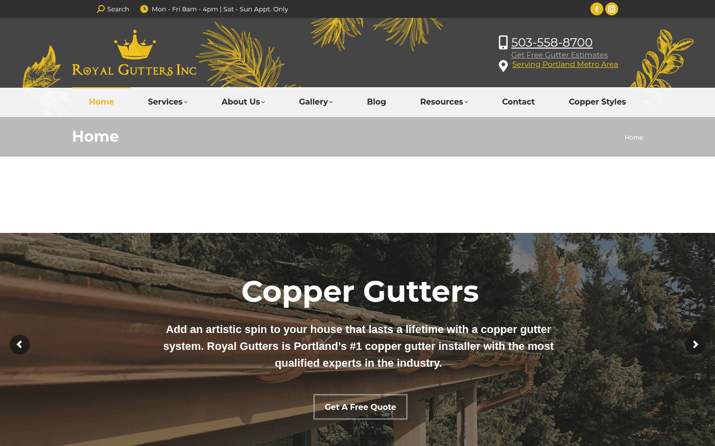 Screenshot of the live Royal Gutters website homepage