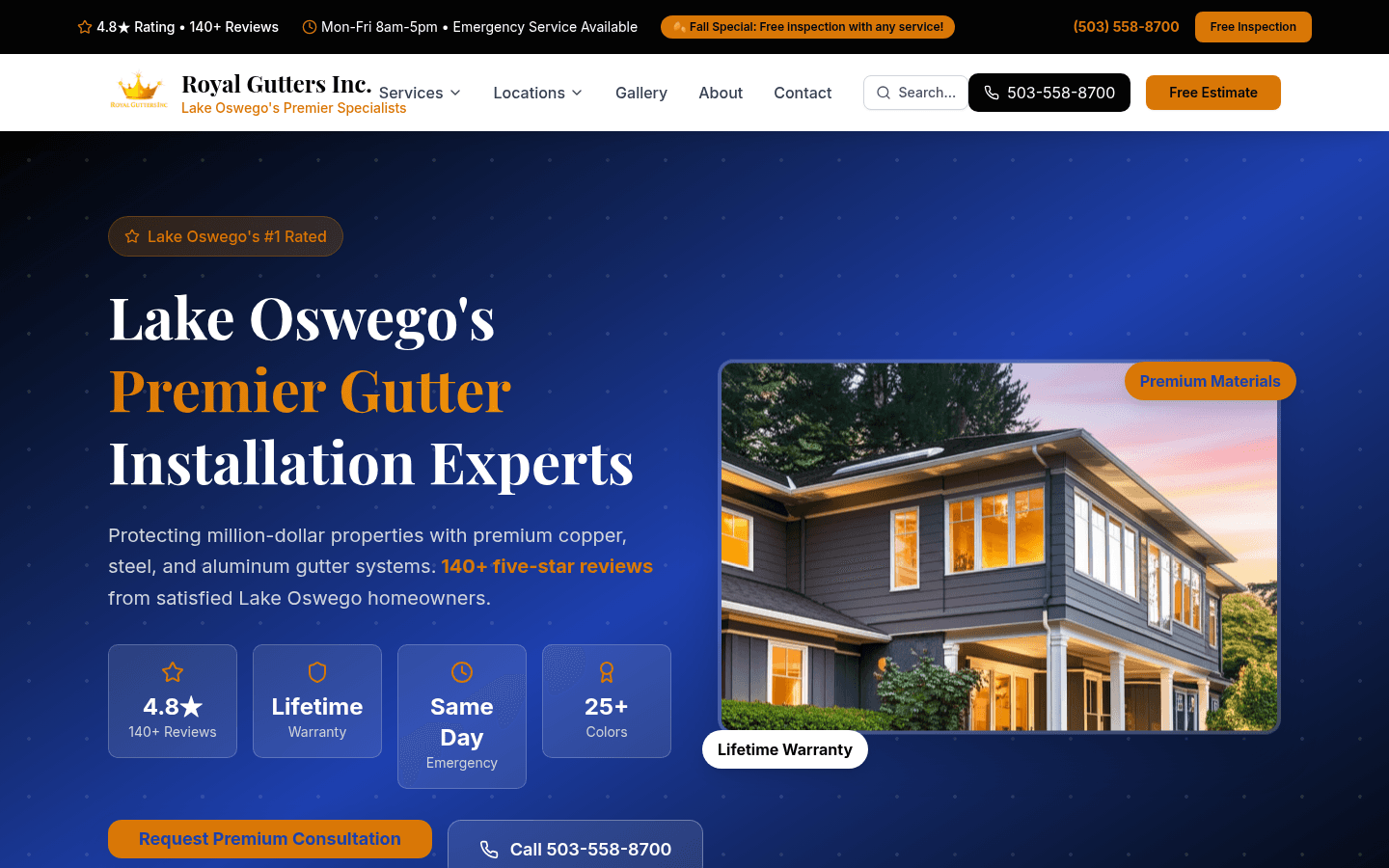 Screenshot of the live Royal Gutters Inc website homepage
