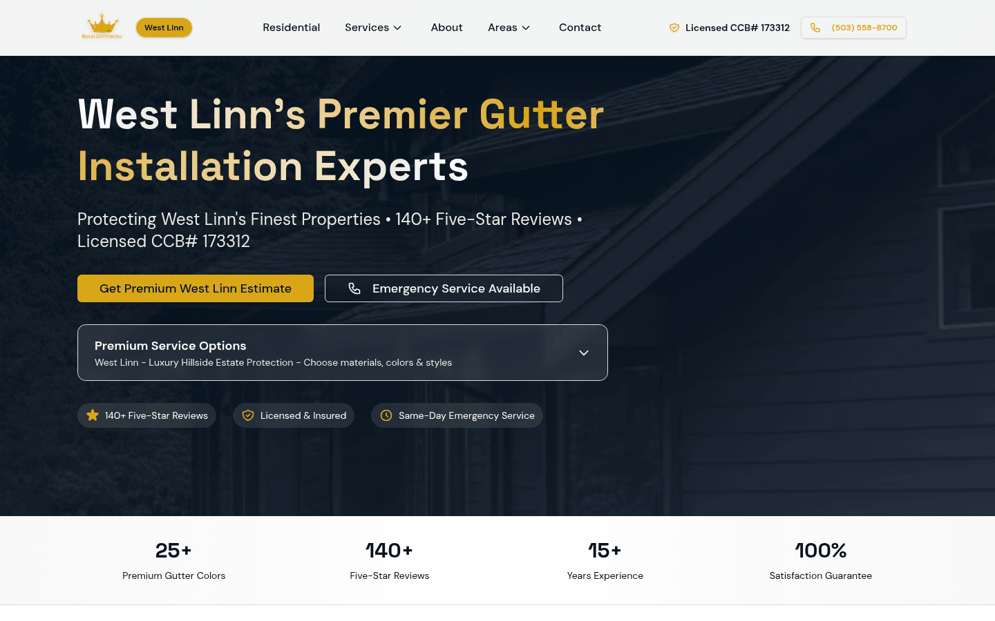 Screenshot of the live Royal Gutters West Linn website homepage