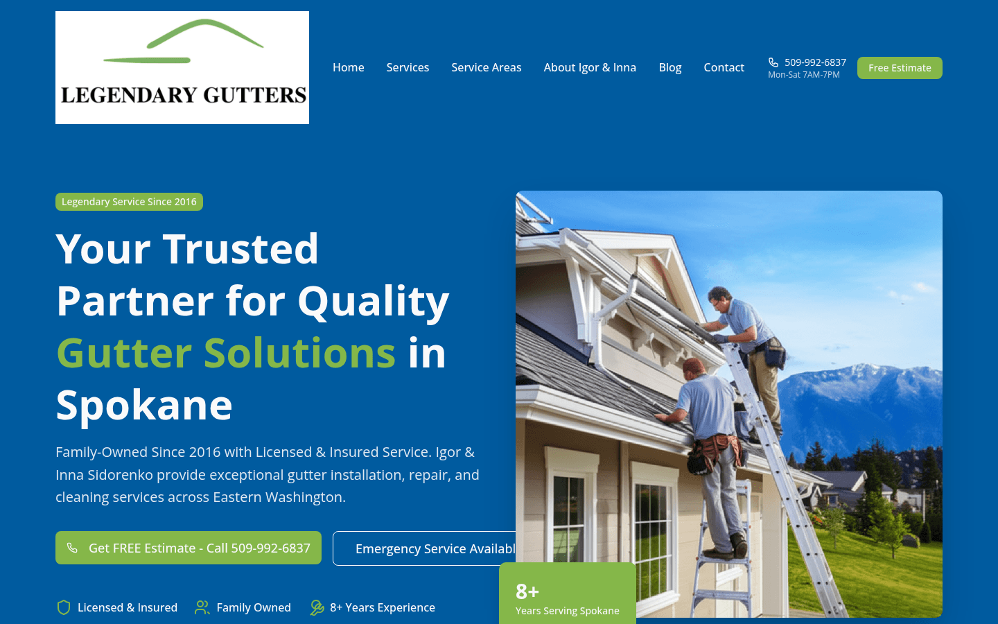 Screenshot of Spokane Legendary Gutters website