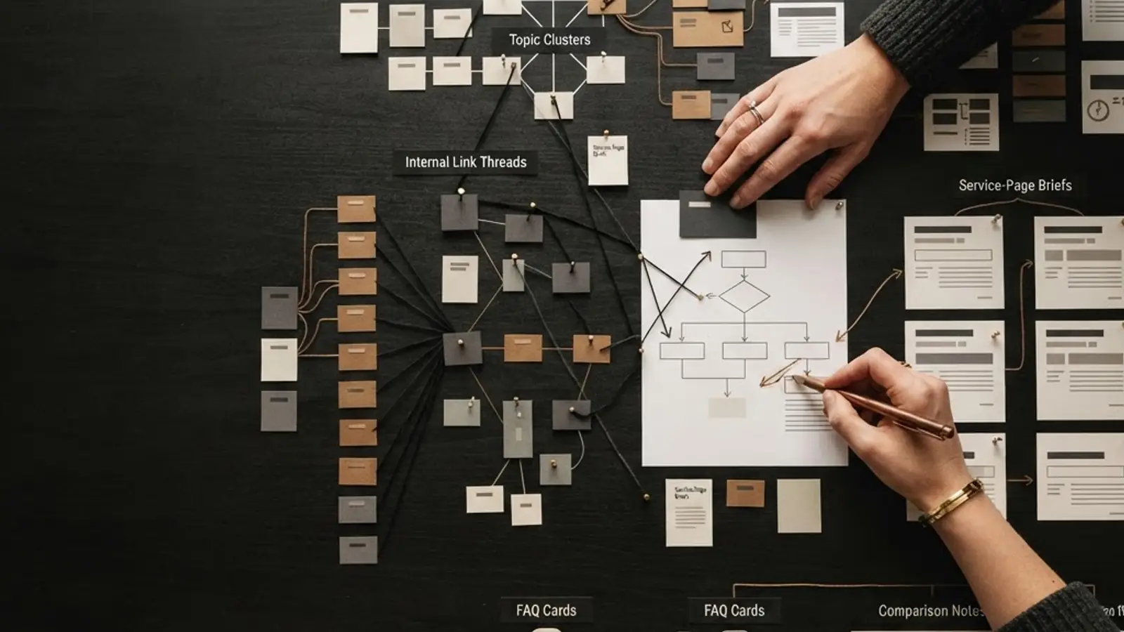 Structured service pages, frequently asked questions, and topic clusters in a content system